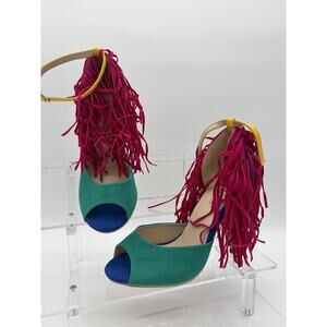 Fringe Heeled Sandals Women Peep Toe Ankle Strap Colorblock Size 7.5